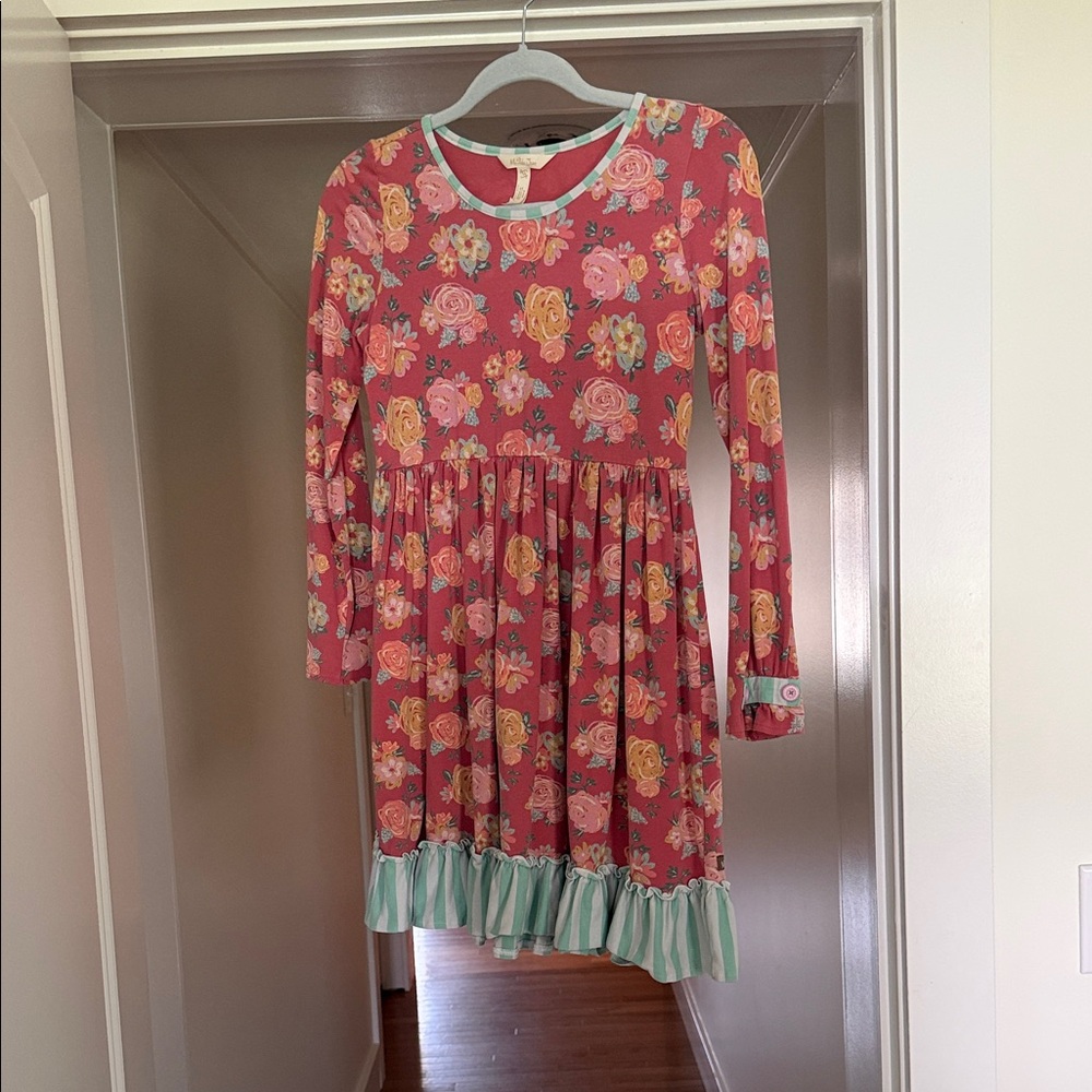 Matilda Jane Coral Floral Long-Sleeve Ruffle Hem Dress with Mint Trim